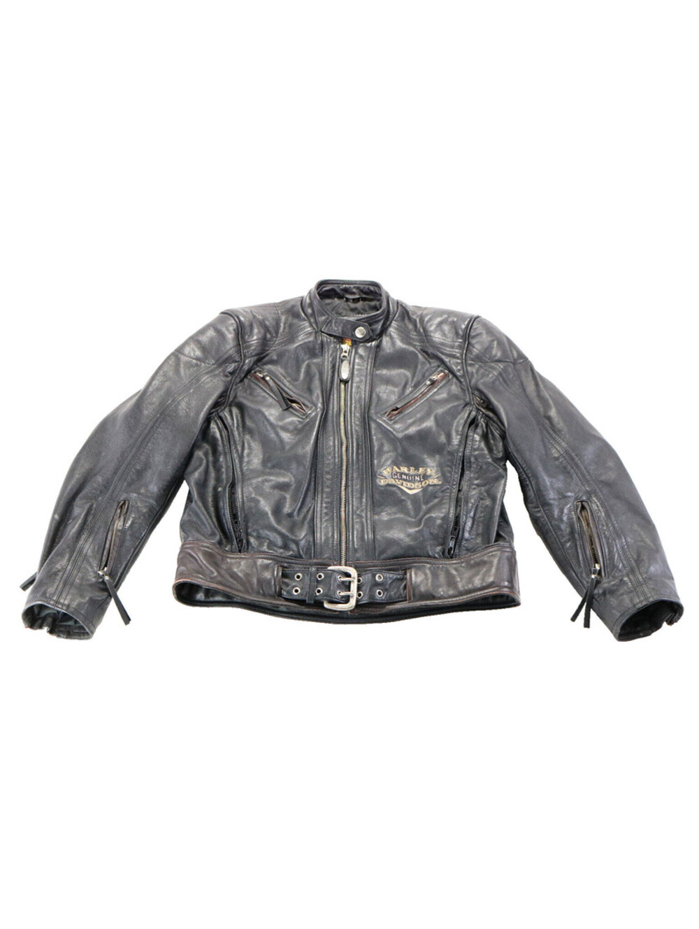 womens harley davidson jacket L black leather pockets vents belt vintage belted